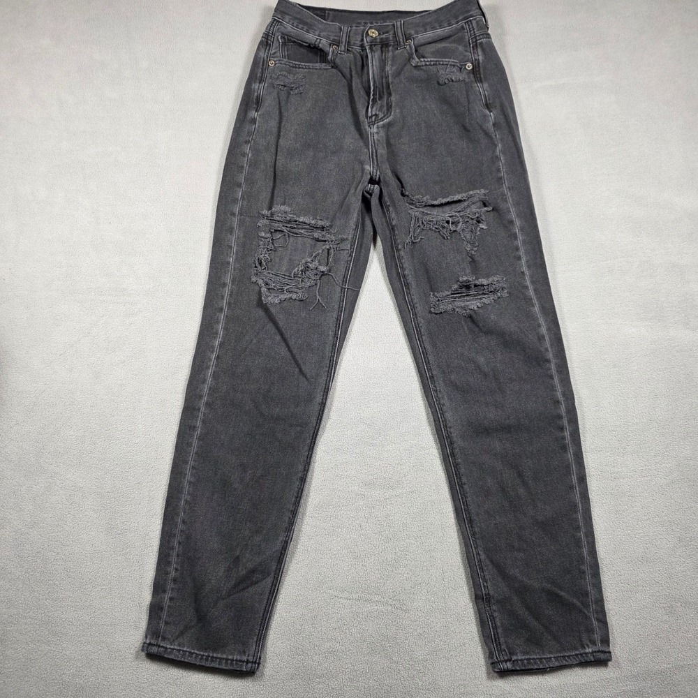 American Eagle Jeans Womens 2 Black Straight High Rise Mom Jean Distressed
